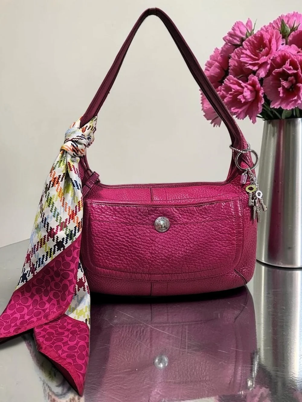 Coach ERGO TATTERSAL Fushia Pebbled Leather Shoulder Bag W/Scarf & Charm - Picture 14 of 14
